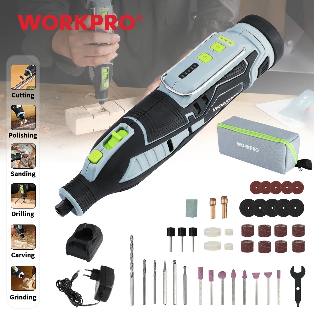 WORKPRO 12V Cordless Rotary Tool Kit Woodworking Engraving Polishing Pen DIY For Jewelry Metal Glass Mini Wireless Drill