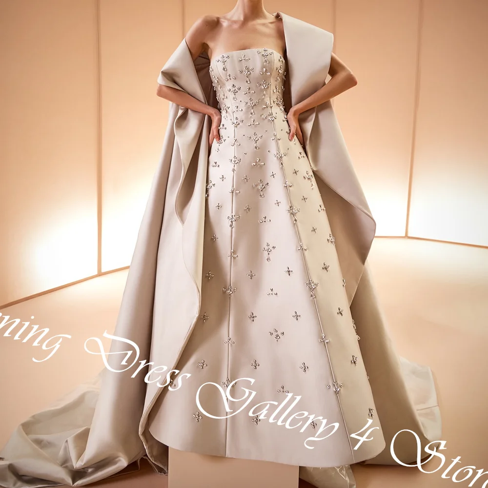 Customized Delicate  Crystal Pleat Strapless Floor Length A-Line платье вечернее Satin Shawl Sweep Train Vestidos Para Mujer