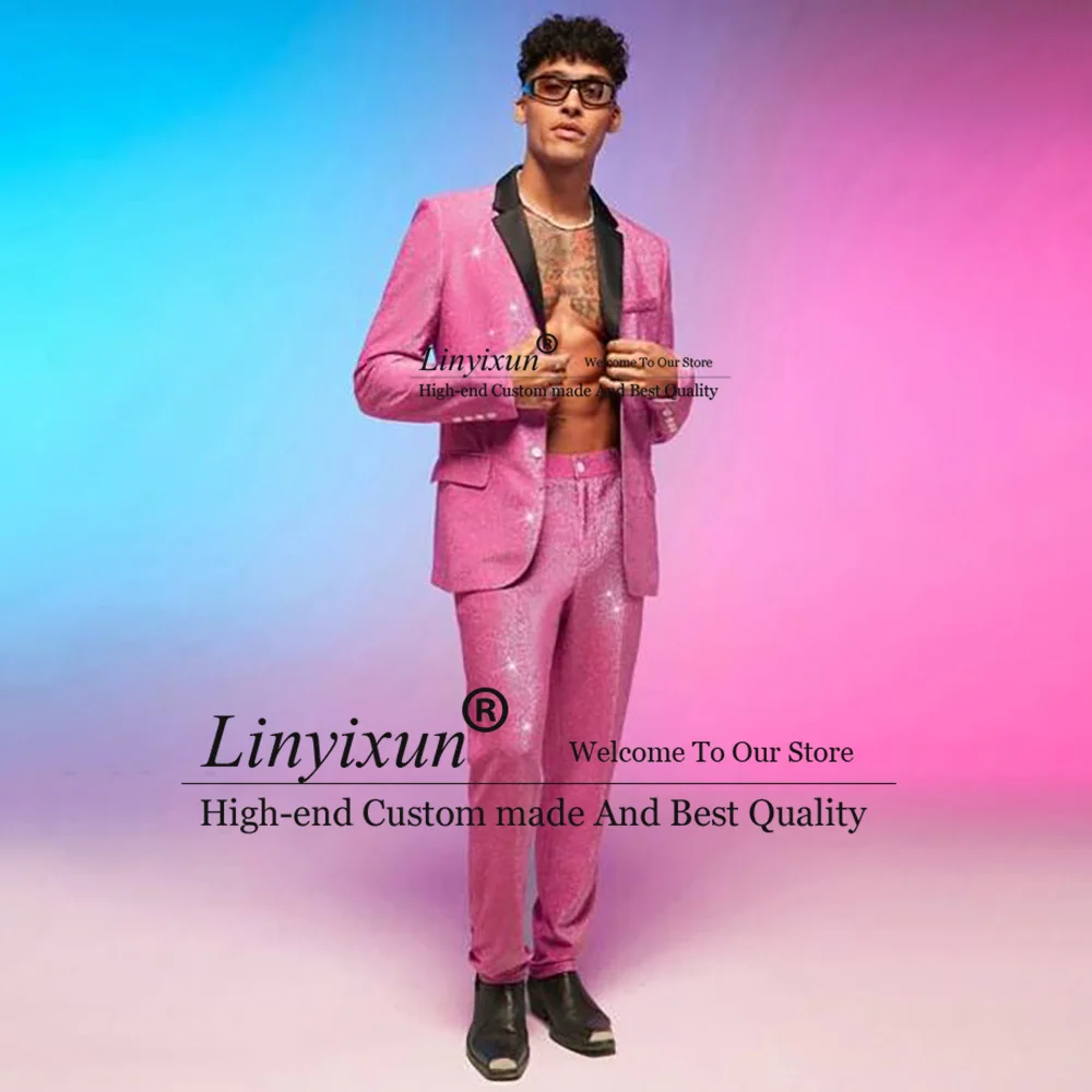 Hot Pink Sequins Men Suits Notched Lapel Groom Tuxedos 3 Pieces Sets Wedding Prom Blazers Pants Outfit Terno Masculino Completo