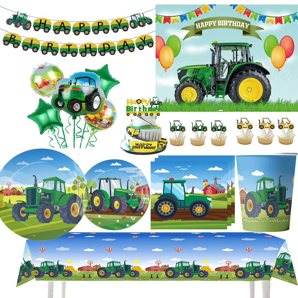 

Green Farm Tractor Theme Excavator Vehicle Birthday Party Decoration Disposable Plate Banner Balloons Baby Shower Kids Supplies