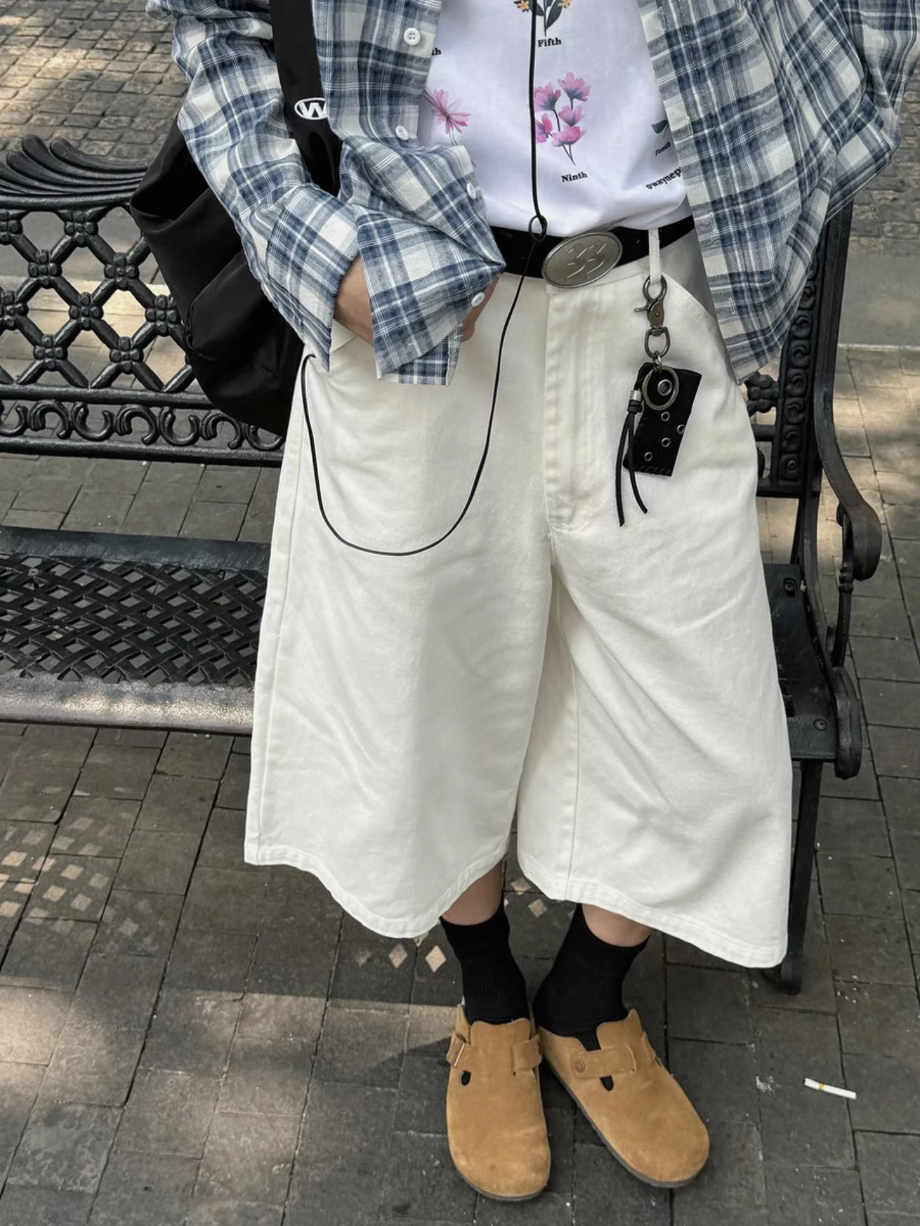 

American Style Clean Pure Color Seven-Foot Pants Loose Casual Wide Leg Drapey White Denim Mid-Pants for Men And Women