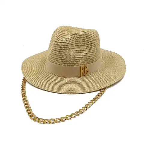Summer straw hat with the same color webbing and new letter accessories Chain Strap Straw Hat Outdoor Travel Anti-UV Beach Hat