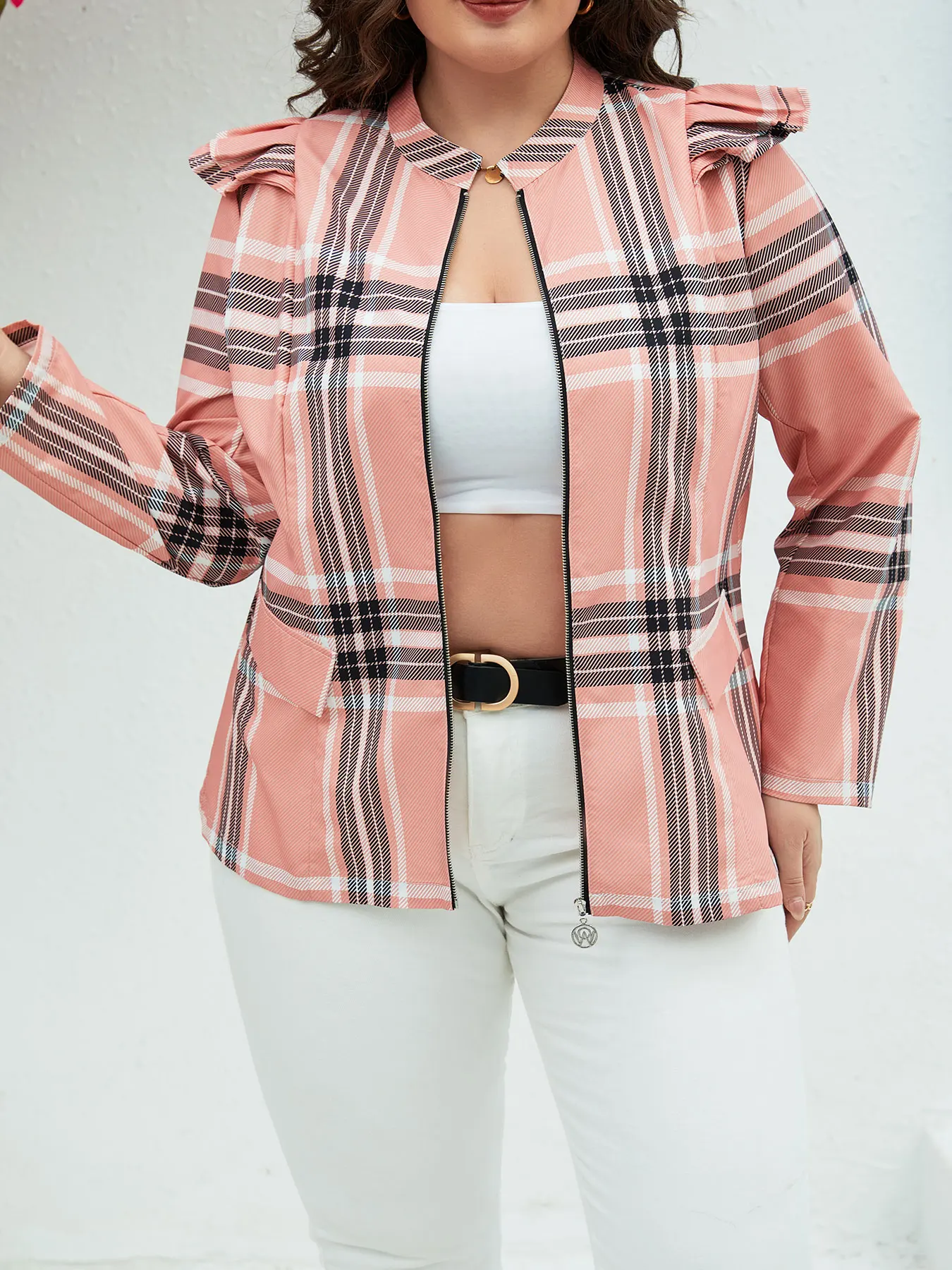 Manteau à motif écossais grande taille, manteau décontracté à manches longues avec fermeture éclair pour le printemps, vêtements grande taille pour femmes