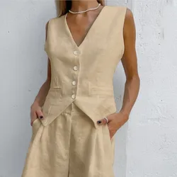 Women Clothing 2024 Fashion New Desigh Cotton and Linen Suit Vest Suit Women's Summer Leisure Sleeveless Vest Short 2-Piece Suit