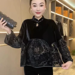 Velvet New Chinese Button Shirt Women Spliced Retro Velvet Stand Collar Black Top