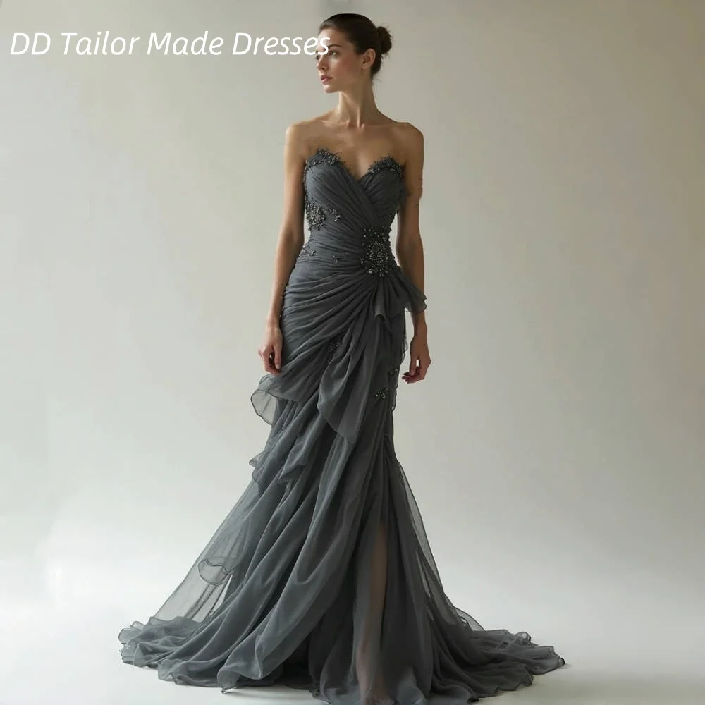 Elegant Draped Mermaid ชุดราตรีลูกปัด Sweetheart คอ Ruched ยาว Tulle พรหมอย่างเป็นทางการชุดสีเทาที่กําหนดเอง