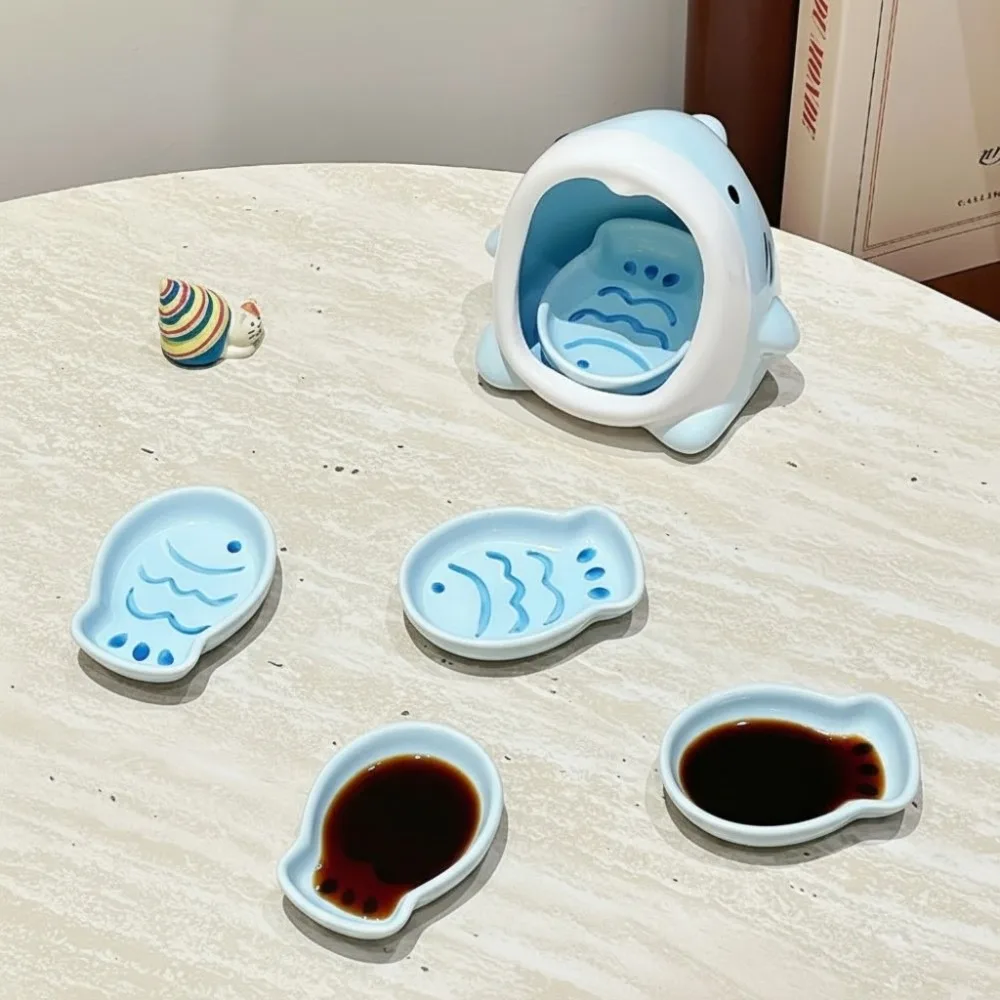 Ceramic Shark Sauce Dish Set Under-glaze Surface Cartoon Seasoning Dish Blue Heat-resistant Fish Dipping Dish Set Dinning Table