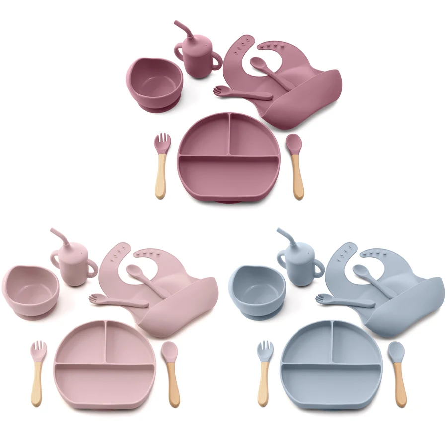 8Pcs Baby Food Feeding Set Sucker Bowl Dishes Plate Dinnerware For Children Dishes Baby Bib Cup Tableware Baby Stuff