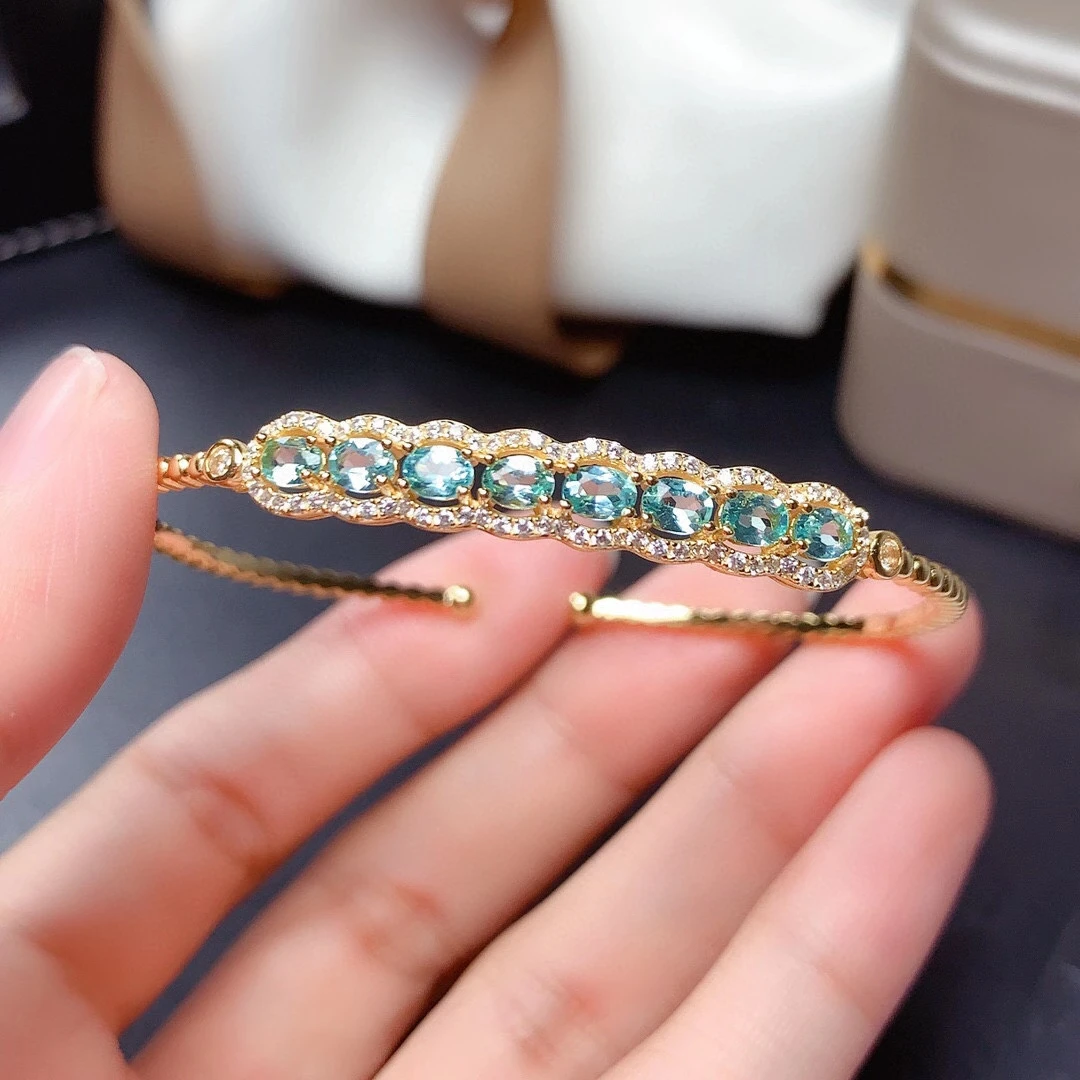 

Real Natural Apatite Gemstone Bracelet 925 Sterling Silver Bangle for Women Fine Wedding Jewelry