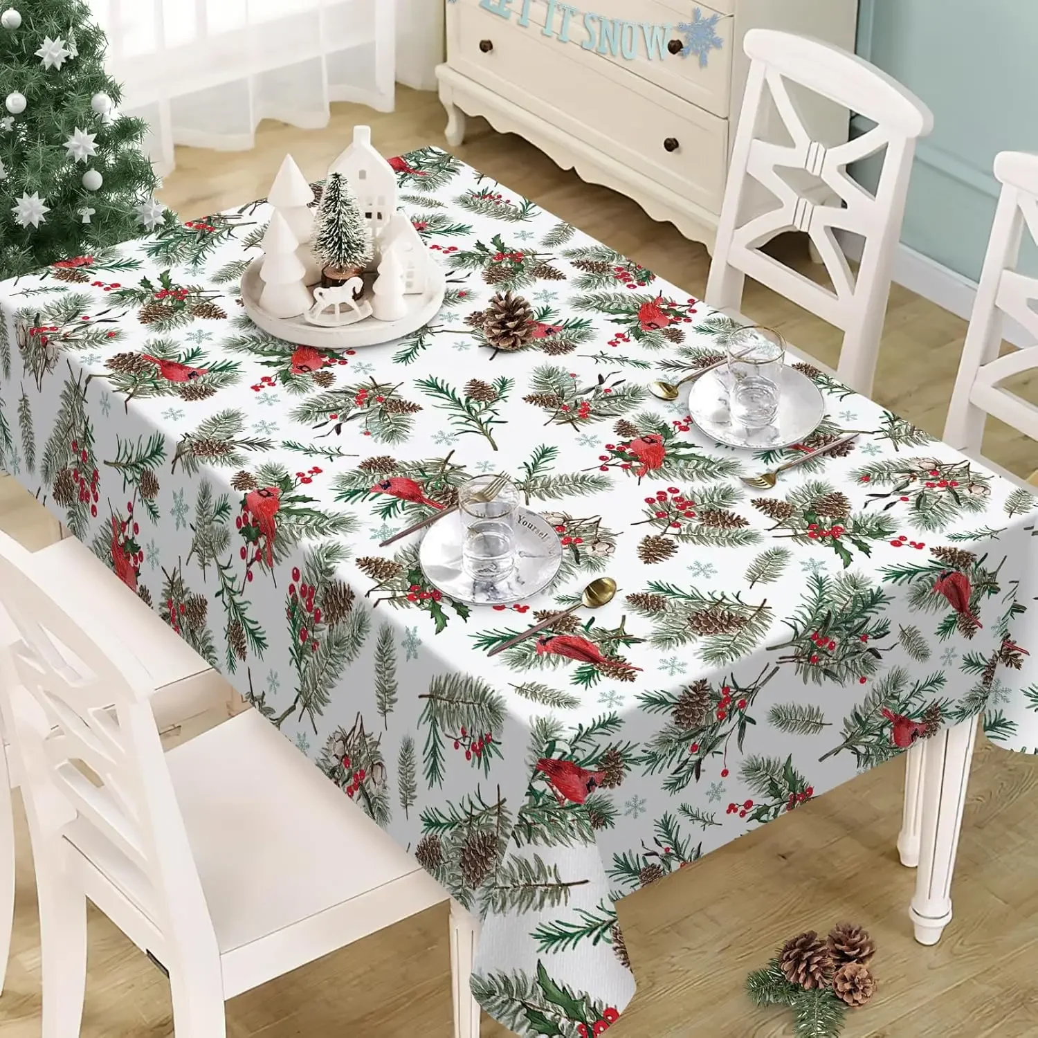 Christmas Pine Cone Needle Berry Birds Rectangle Tablecloth for Table Decor Winter Xmas Dining Table Cloth Christmas Decorations