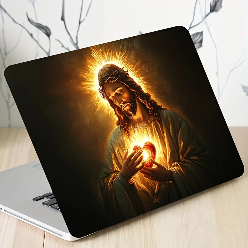 1 piece Sacred Heart of Jesus Christ and Crown of Thorns Laptop Light Beige Sticker - Glowing Religious Design, Waterproof and