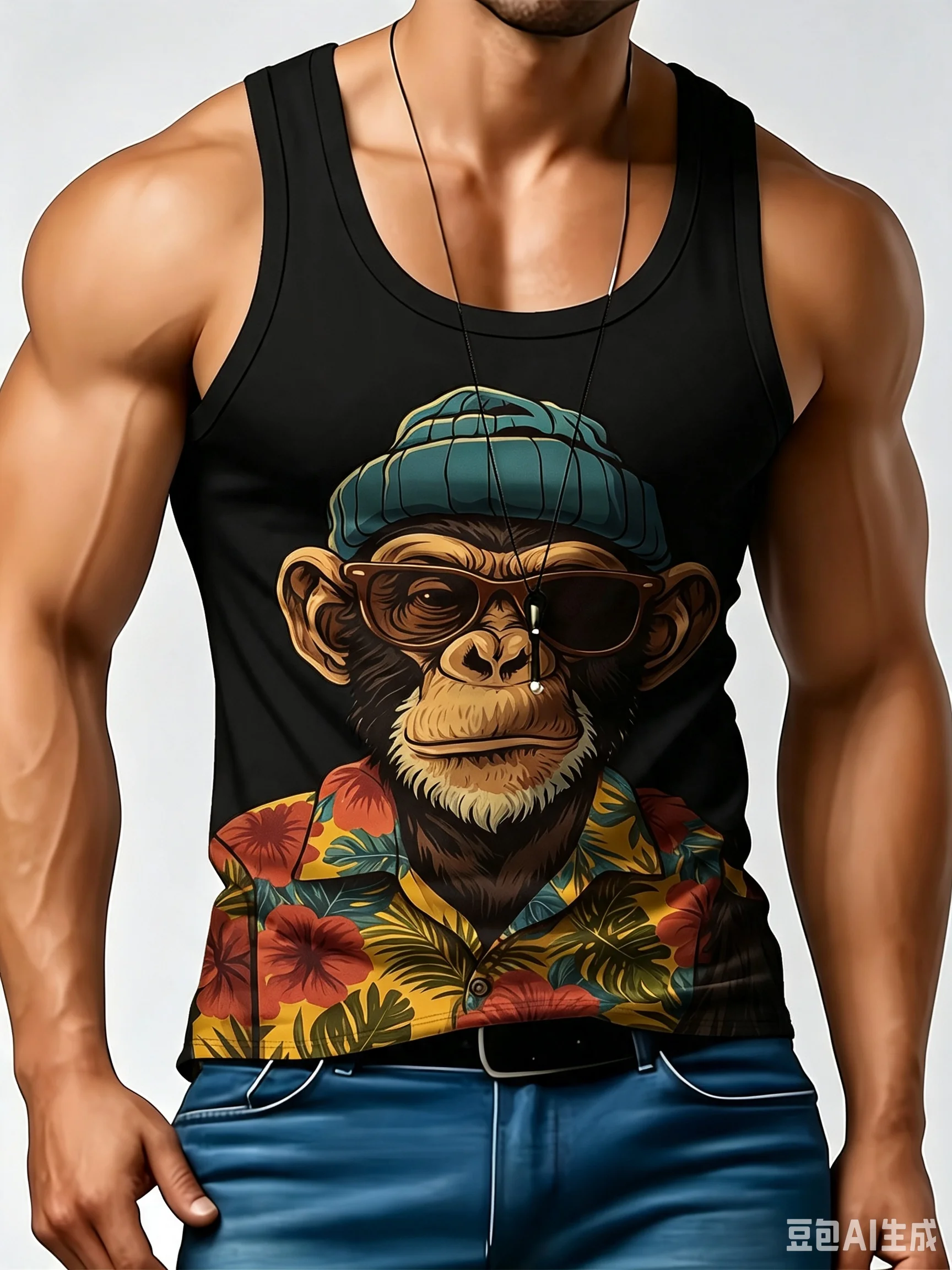 Men's Chimpanzee Graphic Tank Top, Tropical Print Sleeveless Shirt Casual Streetwear Summer Thin Style Top