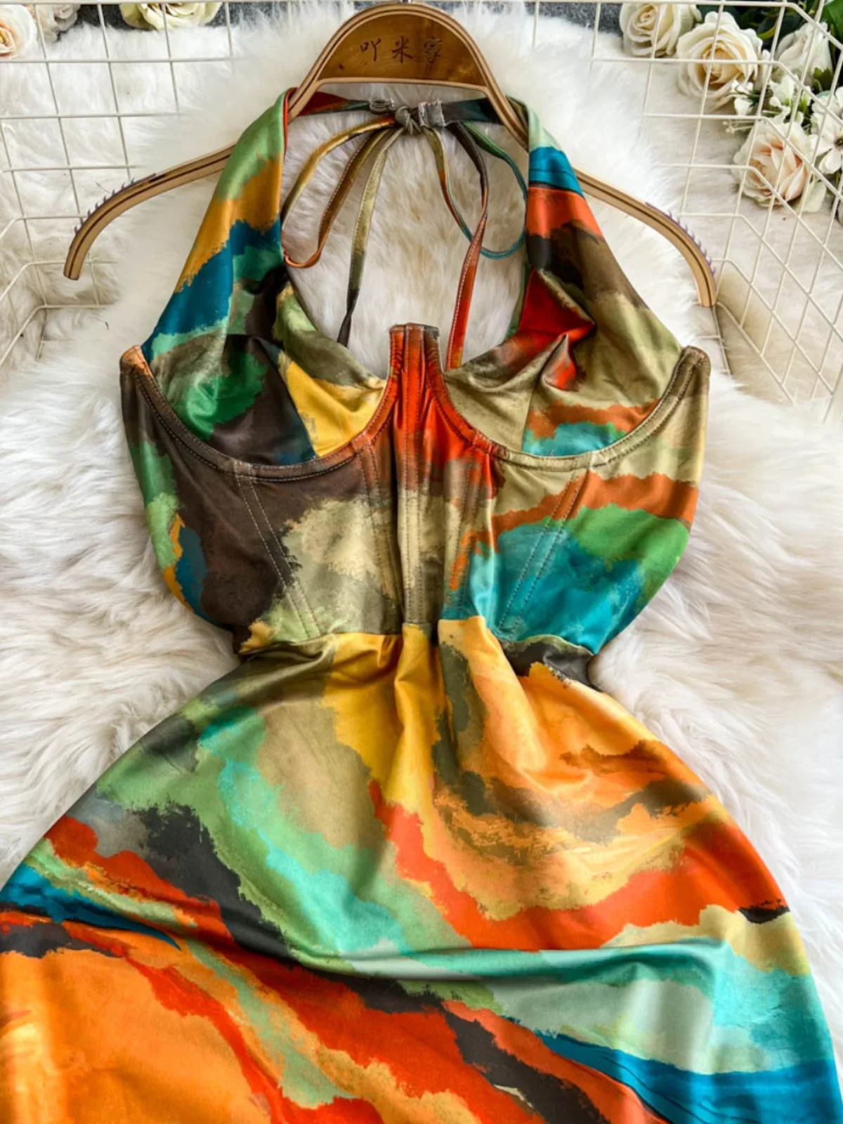 Foamlina American Ins Irregular Tie-dye Printing Halter Neck Dress Women's 2024 New High-waisted Show Thin Bodycon Dresses