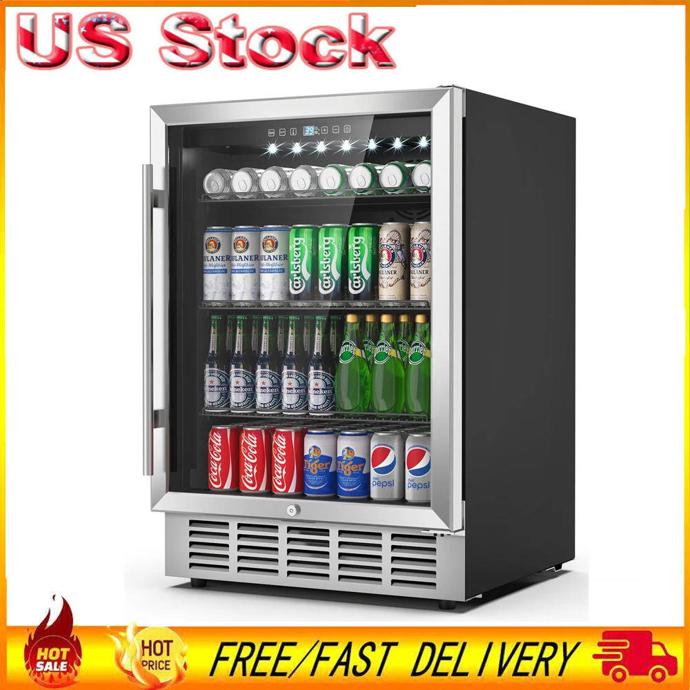 24'' Inch Under Counter/Freestanding Beverage Refrigerator Cooler Fridge Frost-Free Stainless Steel Beverage Cooler 190 Cans