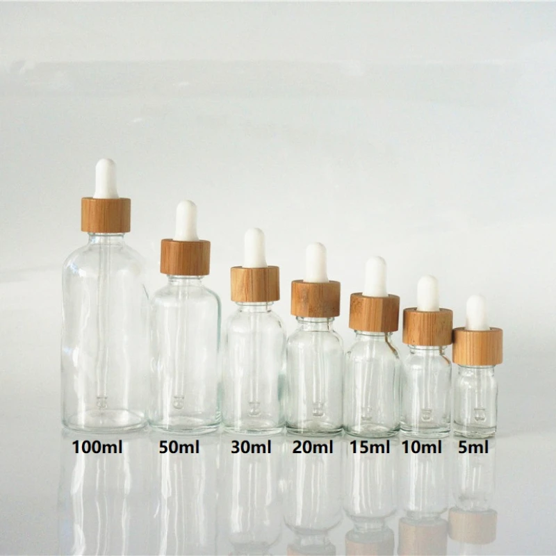 5/10/15/20/30/50/100ml Empty Clear Essential Oil Bottle GNatural Bamboo Cover White Rubber Head Dropper Cover Glass Containers