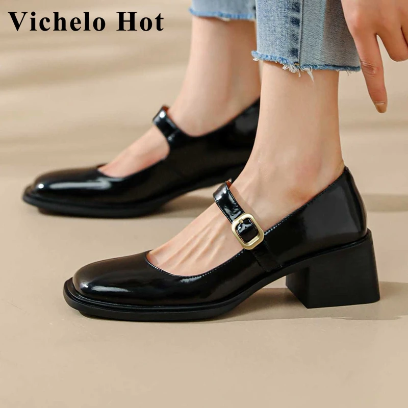 

Vichelo Hot genuine leather square toe high heels retro fashion young lady streetwear buckle strap shallow cozy women pumps L92