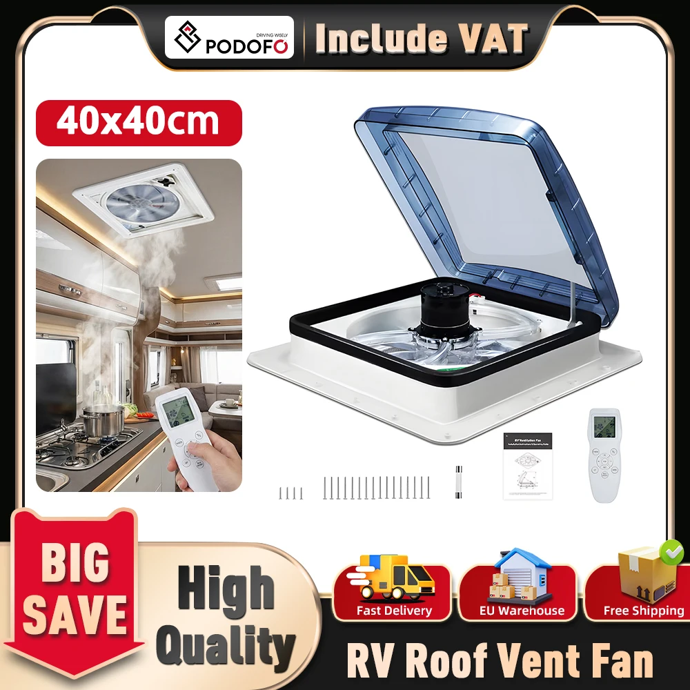 Ventilateur de toit pour camping-car Podofo 40*40cm avec capteur de pluie intelligent, ventilateur d'évacuation pour camping-car à 10 vitesses avec télécommande LCD, surveillance intelligente de la température, capteur de pluie intelligent, protection par fusible pour ventilateur de toit de camping-car