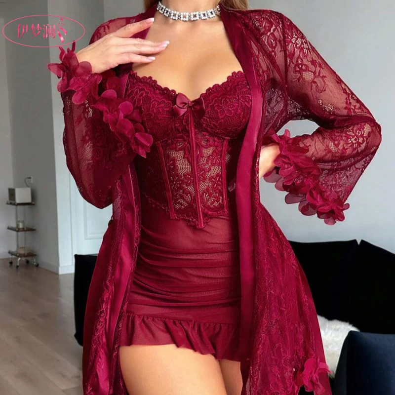 New Lace Thin European And American Sleepwear Set With Lace Trim, Including A Women'S Camisole Nightdress And Robe