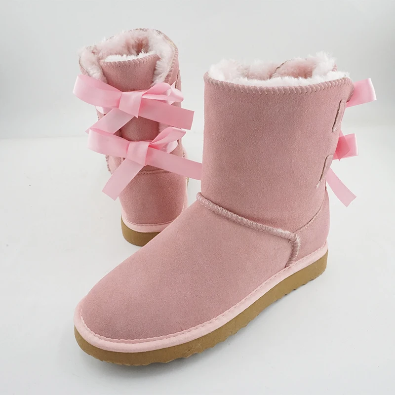 Cowhide Women Winter Boots Slip-On Solid Color Fashion Classic Cow Tie Thick Warm Genuine Leather Snow Boots For Woman Shoes