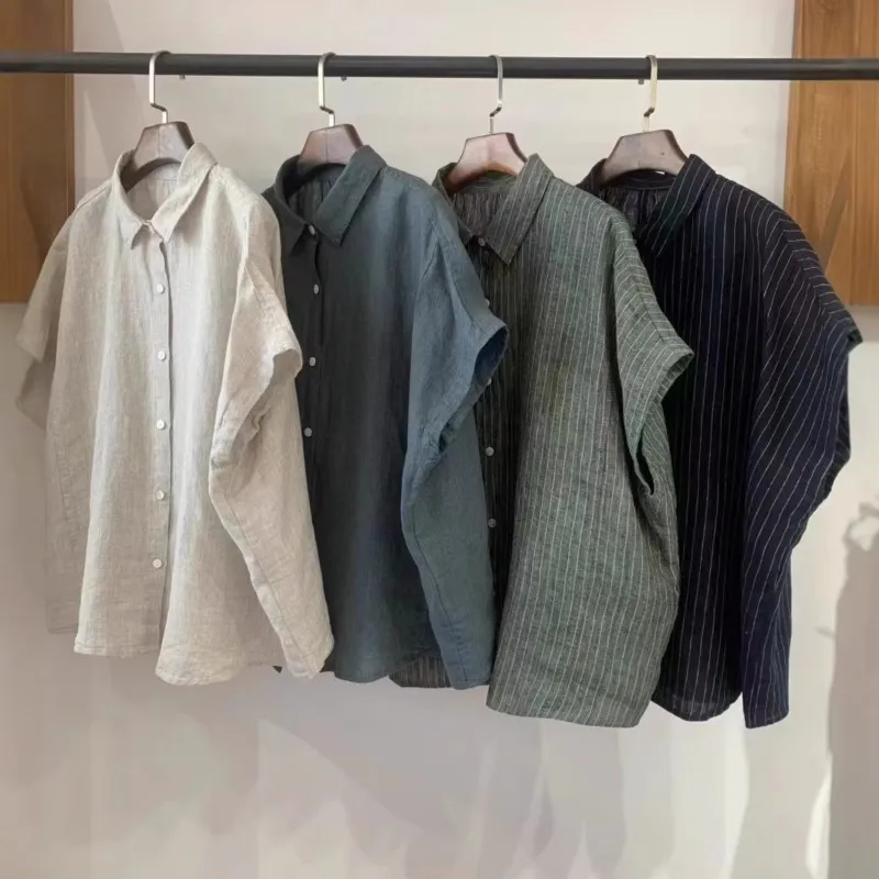 

Johnature New Lapel Linen Shirt For Women Summer New Retro Loose Casual Tops For Women