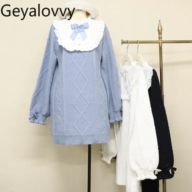 

Осень-зима японский ретро длинный пуловер с бантом и рюшами вязаный свитер милый универсальный прямой свитер для девочек платье