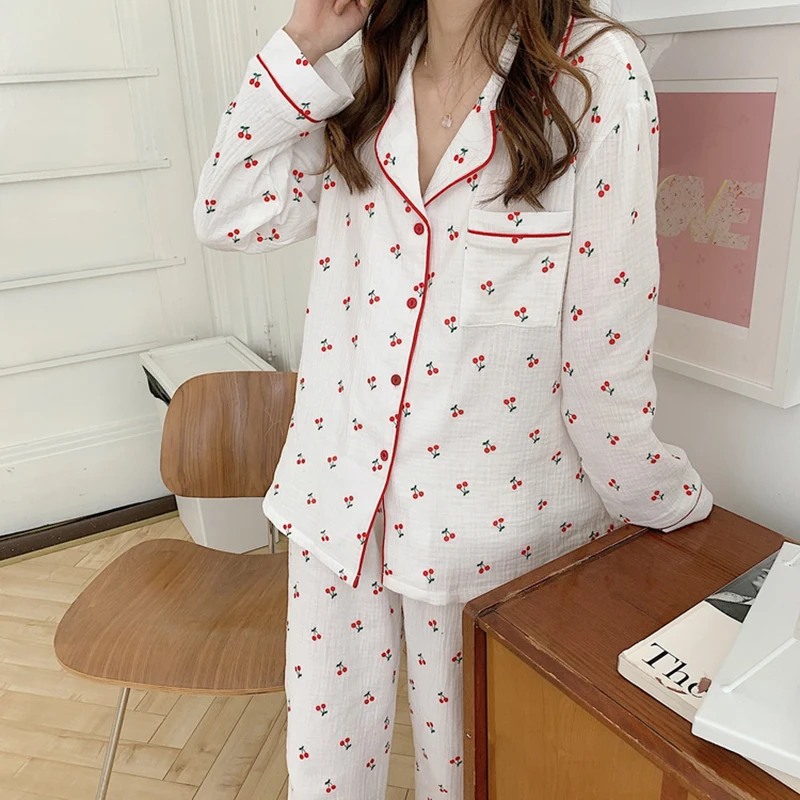 Autumn Pajamas Set Women Single Breasted Shirts + Trouser Suit Cotton Sleepwear Pocket Cherry Print Two Piece Home Suit Red