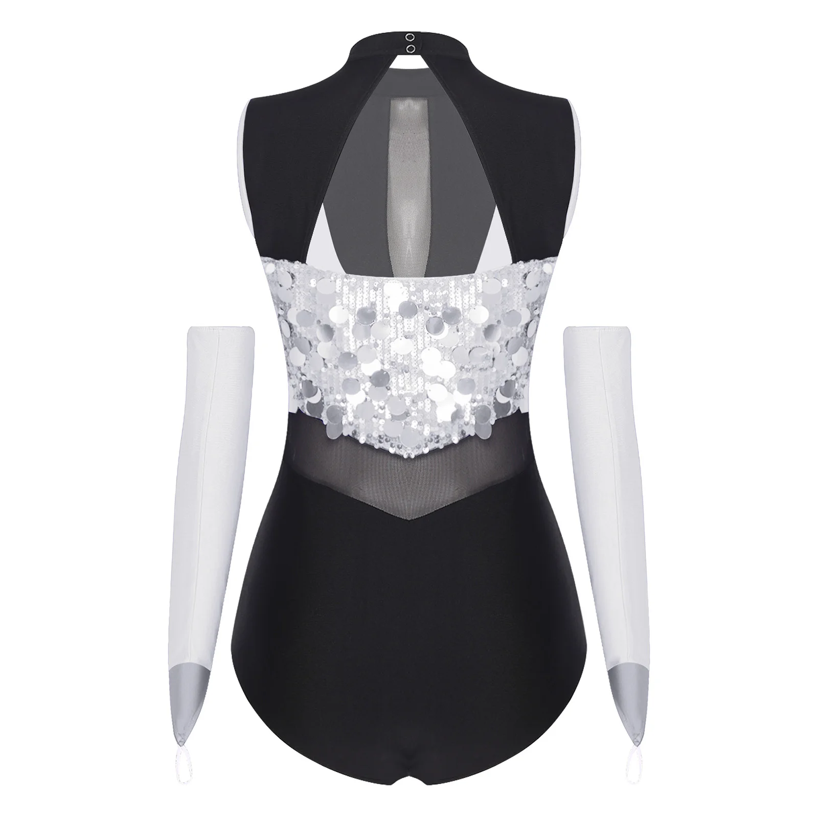 Damski błyszczący kostium do tańca latynoamerykańskiego, jazzu, łyżwiarstwa figurowego, bez rękawów, z przezroczystej siateczki, trykot gimnastyczny z rękawiczkami, odzież do tańca nowoczesnego.