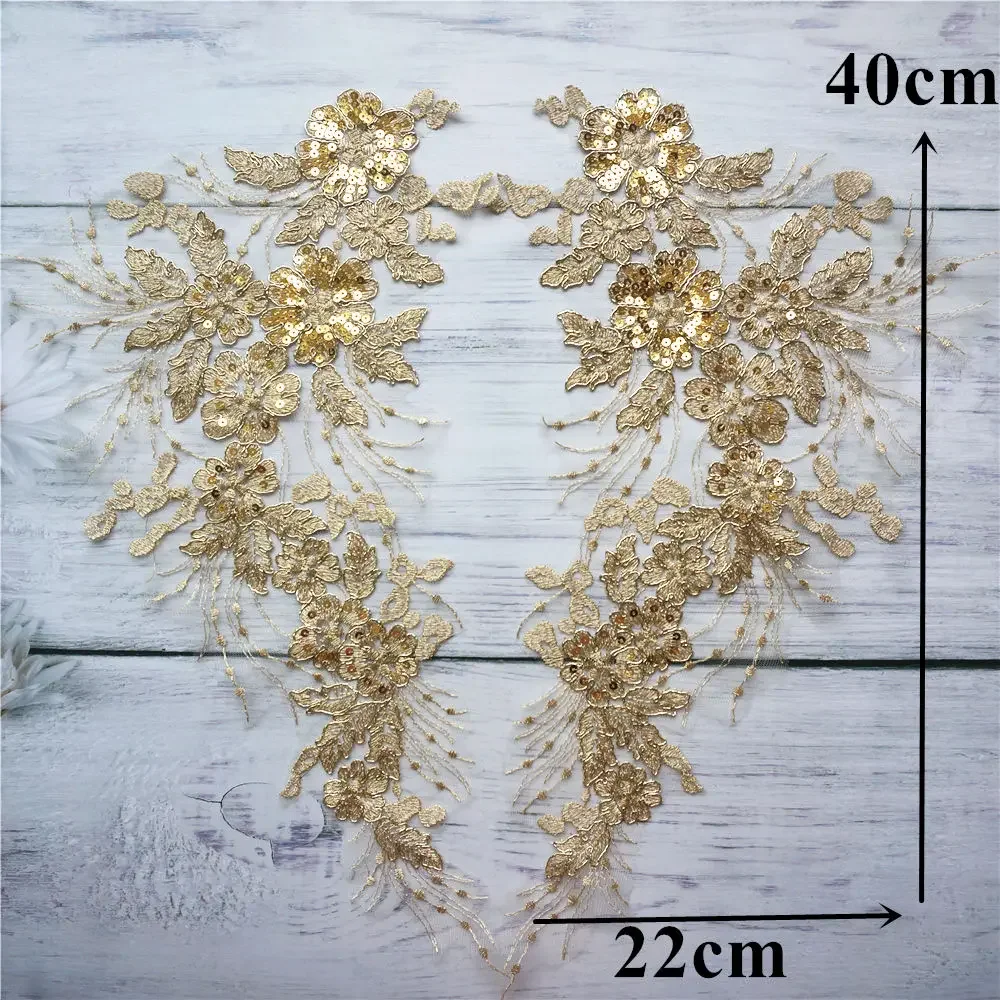 2 pezzi oro paillettes fiore nappa abito da sposa Appliques tessuto di pizzo ricamato trim collare maglia cucire Patch per abito decorazione fai da