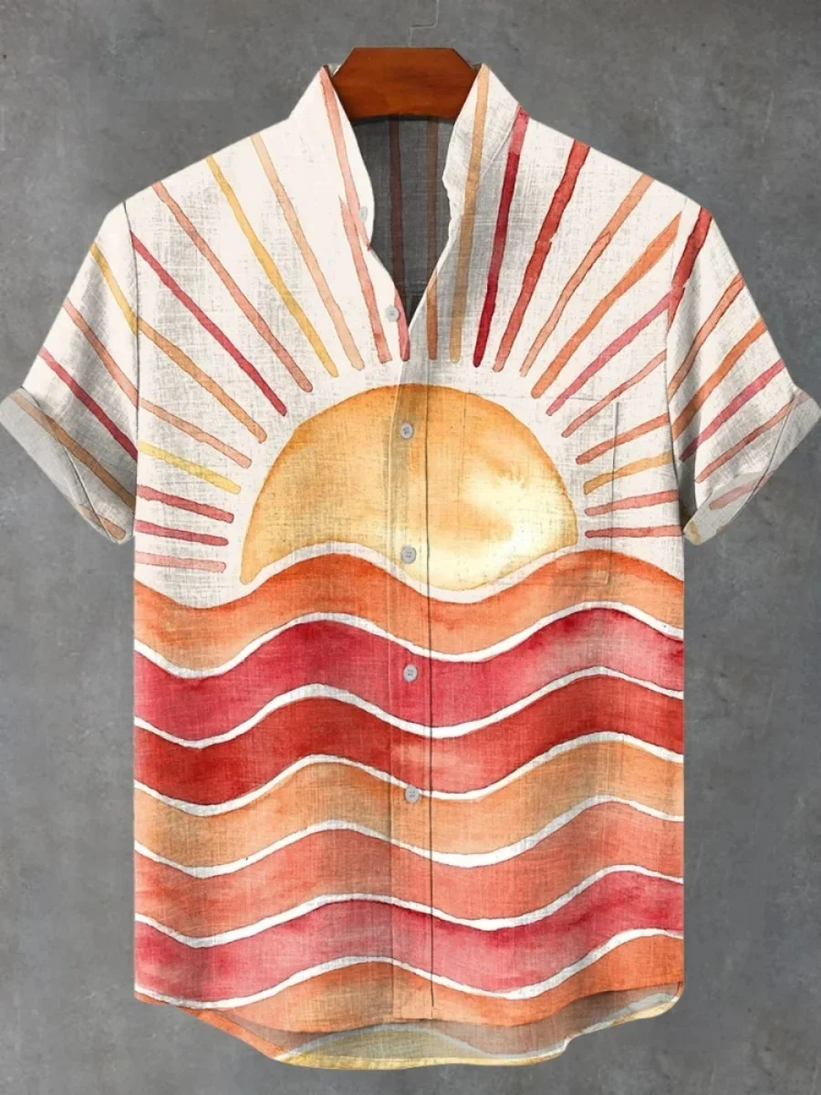 2025 Men's Sunburst Short Sleeve Shirt Summer Retro New Linen Shirt Men's Short Sleeve Casual Vacation Street Fashion Shirt