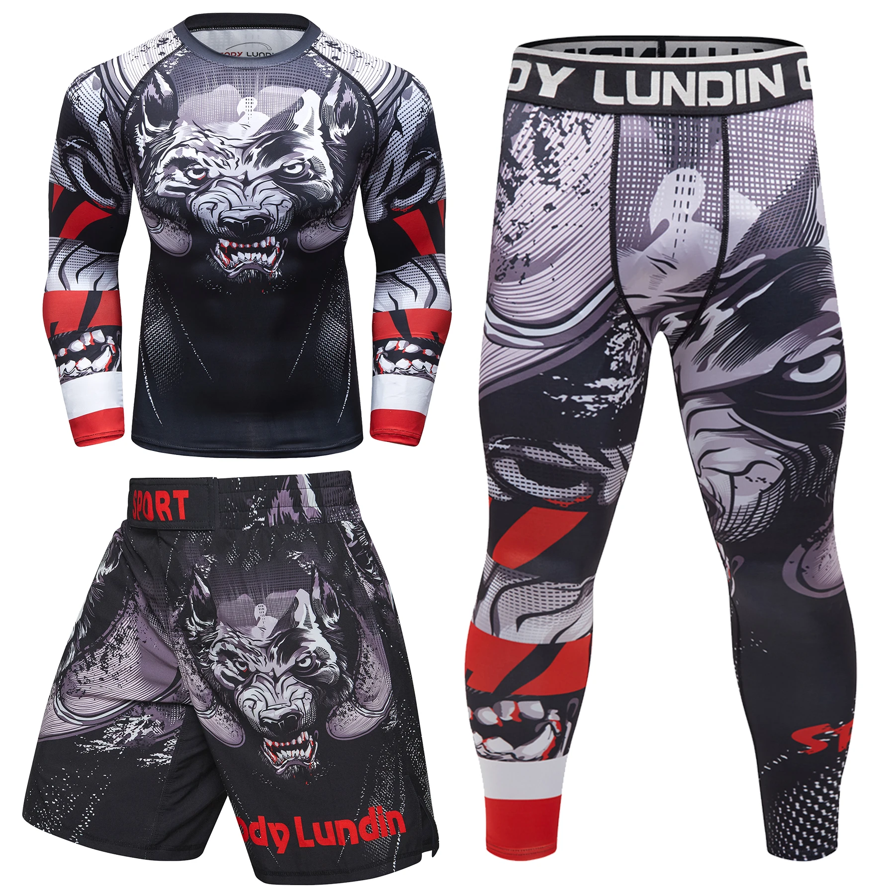 Gorąca sprzedaż Zestawy treningowe do boksu Wolf Print Mma BJJ Rashguard Jiu jitsu T-shirt + Spodenki Muay Thai Męski kompresyjny kombinezon sportowy