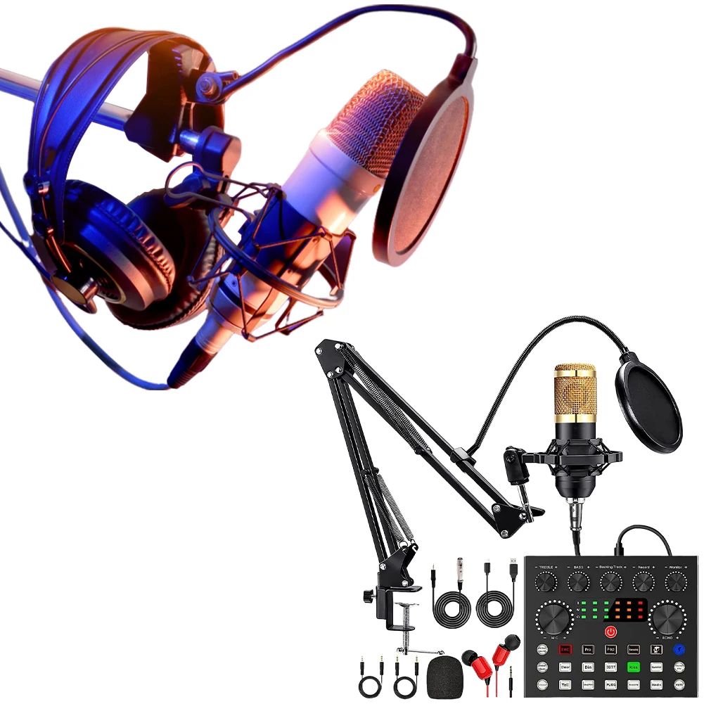 

V8S Live Sound Card Podcast Microphone Bundle с микрофоном BM800 Металлическое ударное крепление для записи, трансляции в прямом эфире