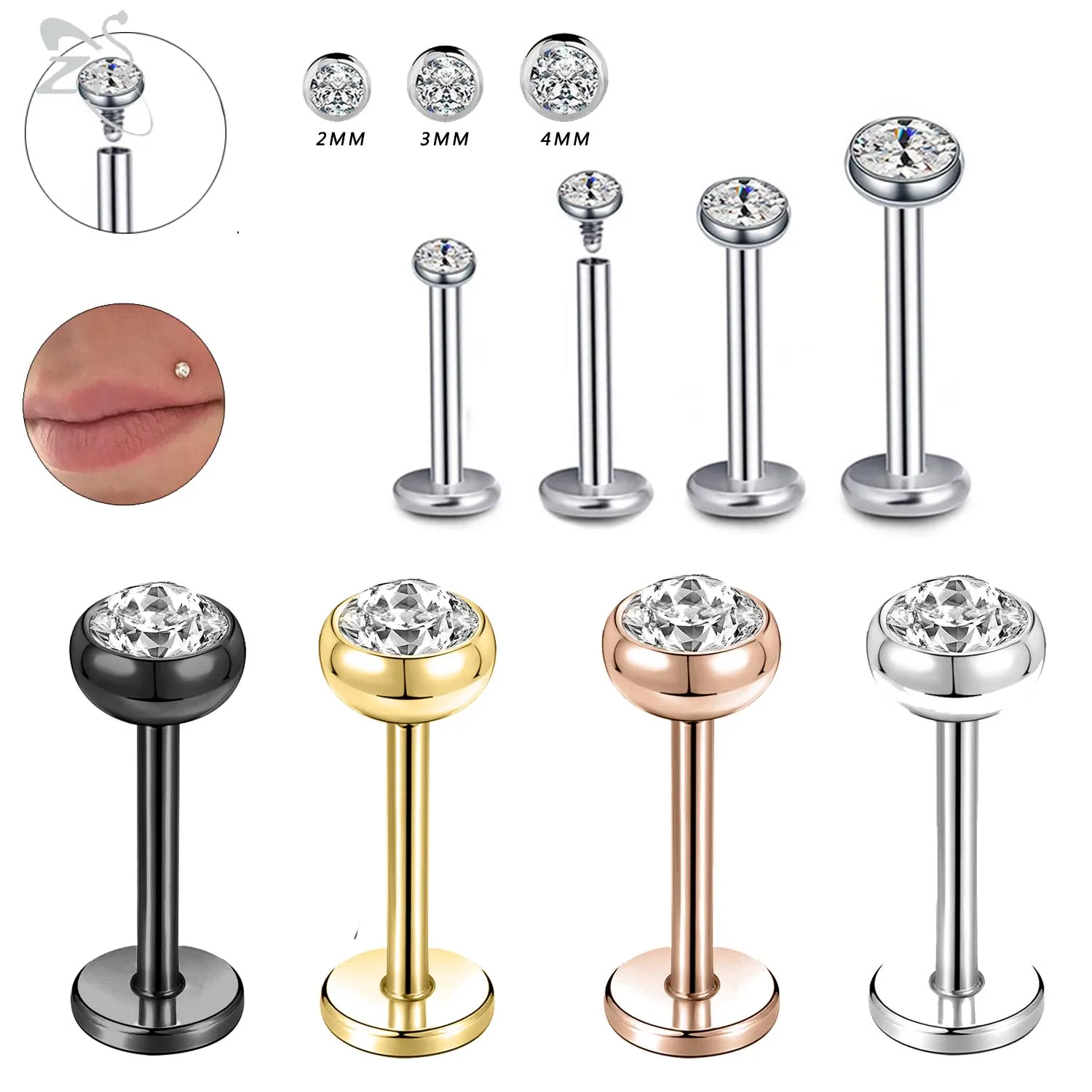 ZS 3PCS/LOT 16G/18G 316L Stainless Steel Lip Labret Piercing Set Crystal Gold Color Lip Stud Ear Tragus Helix Cartilage Piercing