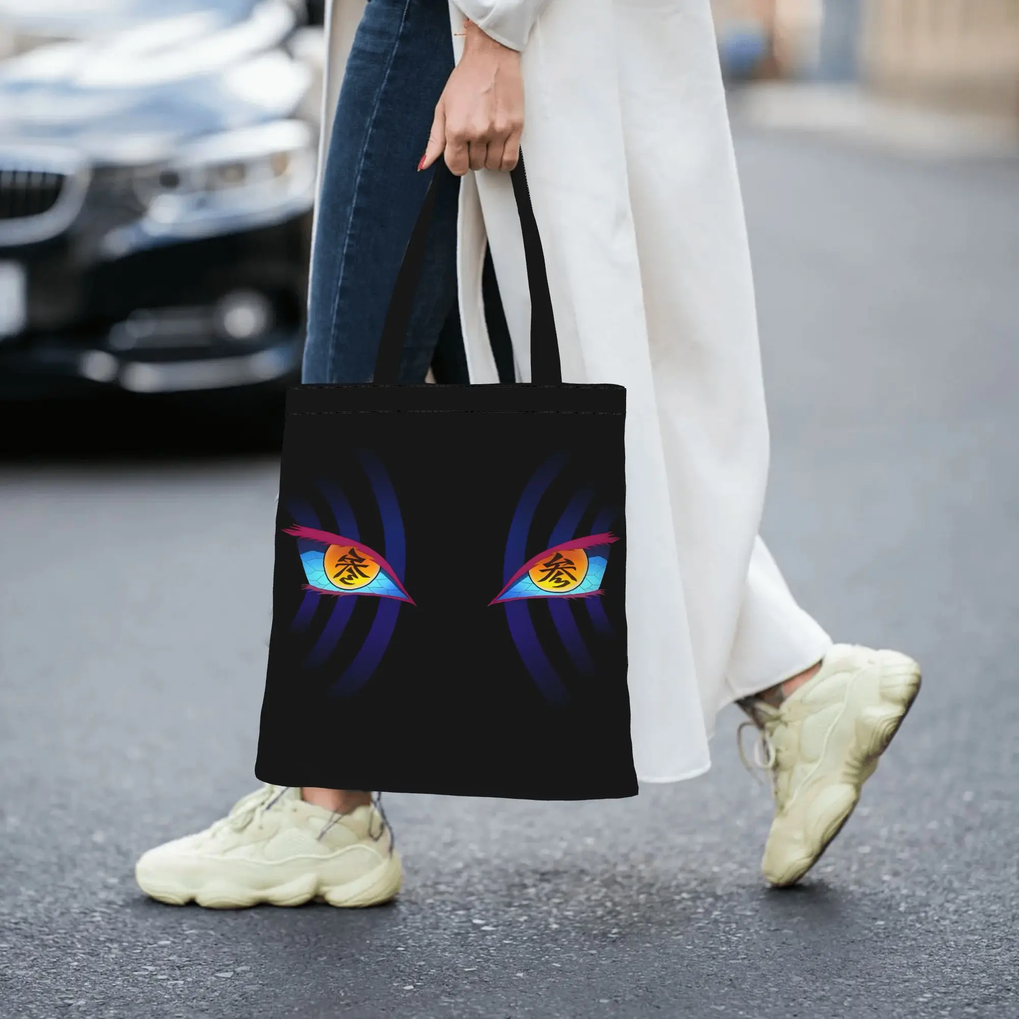 1PC Large Capacity Akaza's Eyes Demon Slayer Canvas Tote Bag Foldable Chic Pattern No Closed Design view 4