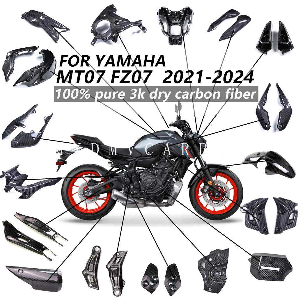 Per YAMAHA MT-07 MT07 FZ-07 2024 2023 2021 Moto Kit Carena Completa in Fibra di Carbonio Secca 3K 100% con Parafango e Copertura Telaio Alette Fisse