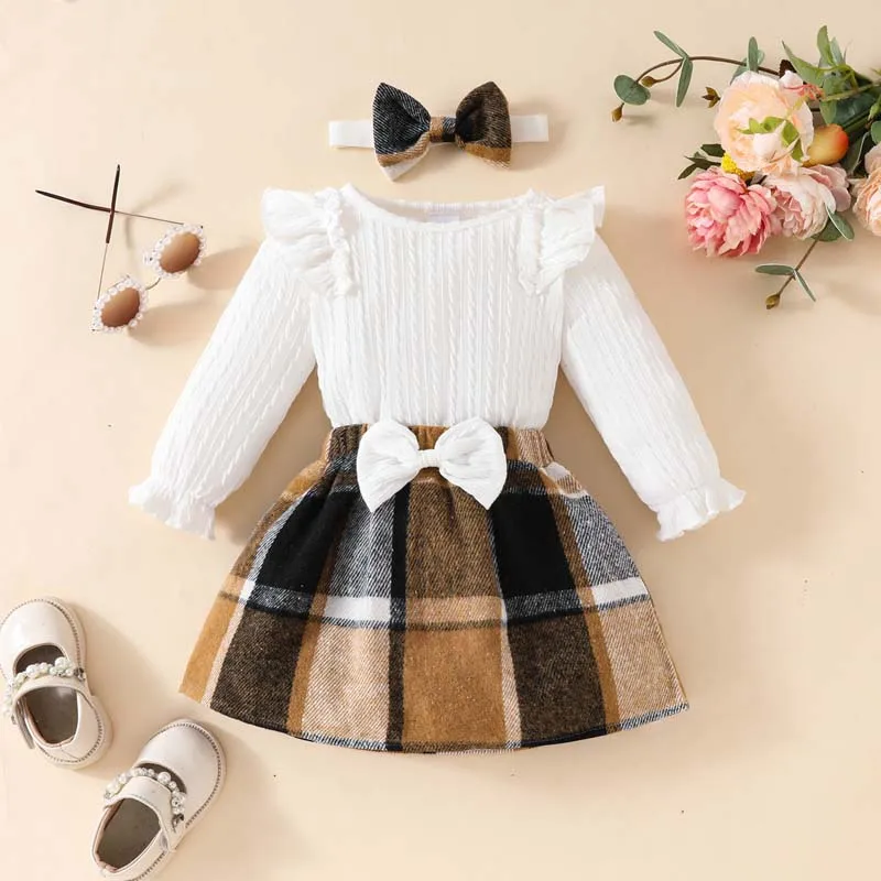 

Newborn Baby Girl Clothing 3-Piece Set Long Sleeve Solid Color Bodysuits Plaid Skirt with Hairband Autumn Fashion Infant Outfits