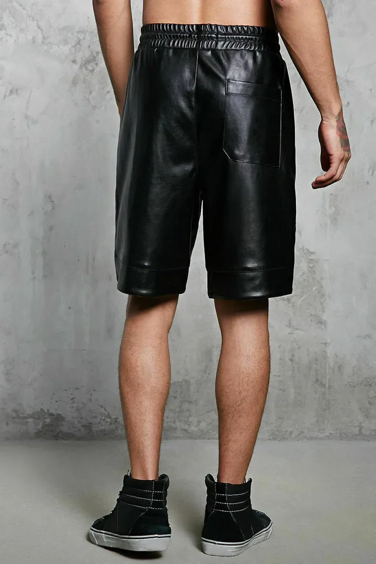 Men Faux Leather Shorts Pants PU 2024 New Casual Male Summer Drawstring Elasticated Waist Punk Style Fashion Black Cloth