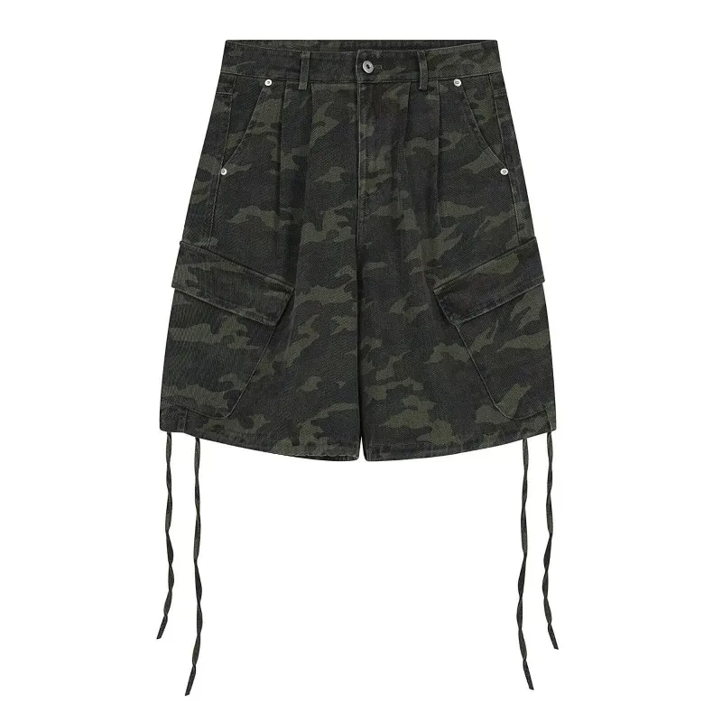Summer Women's Retro Camouflage Shorts Street Unisex Knee Length Pants Y2k Streetwear Female High Waist Wide Leg Half Trousers