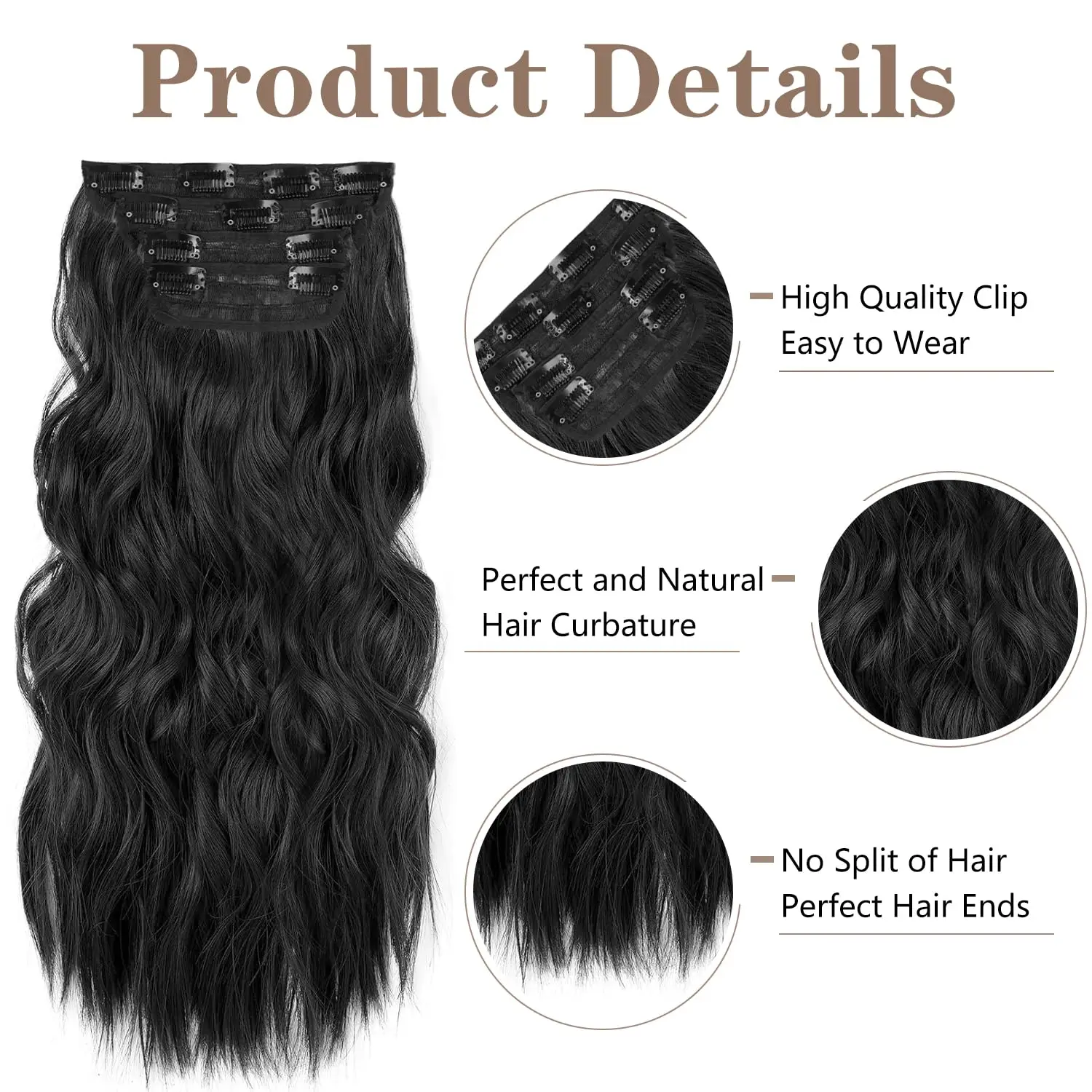 4 قطع وصلات شعر بمشبك، وصلات شعر صناعية مموجة بطول 60.96 سم للنساء والفتيات