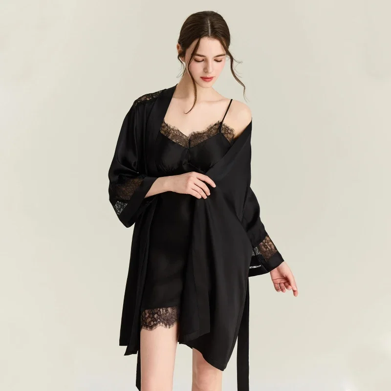 

19MM 100% Mulberry Silk Bride Wedding Robe Set Negligee Nightgown with Chest Pad Sexy Kimono Short Bathrobe Dressing Gown Pajama