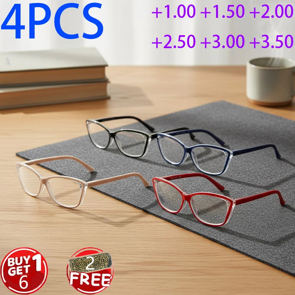4 Stück Cat-Eye-Lesebrille, ultraleicht, mit Federscharnieren für eine bequeme, nicht klemmende Passform.