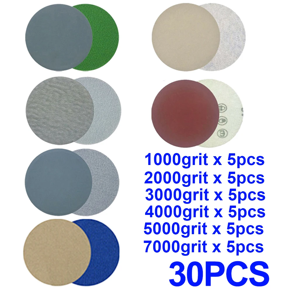 30pcs Silicon Carbide Sanding discs Waterproof 1000/2000/3000/4000/5000/7000 Grit Back Flocking Sanding Paper Tool Water Sand