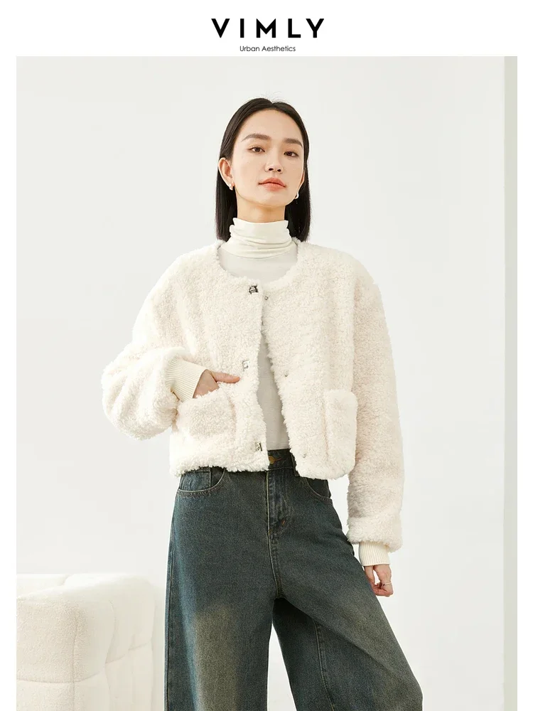 Vimly casacos de pele sintética femininos casuais curtos jaquetas de pelúcia 2025 inverno senhora do escritório quente velo forrado em torno do pescoço outerwear m5602