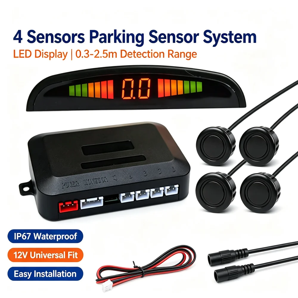 Car LED Parking Sensor Kit 4 Sensors 22mm Reverse Radar Sound Alert Indicator System Obstacle Distance Alarm Parktronic Kit