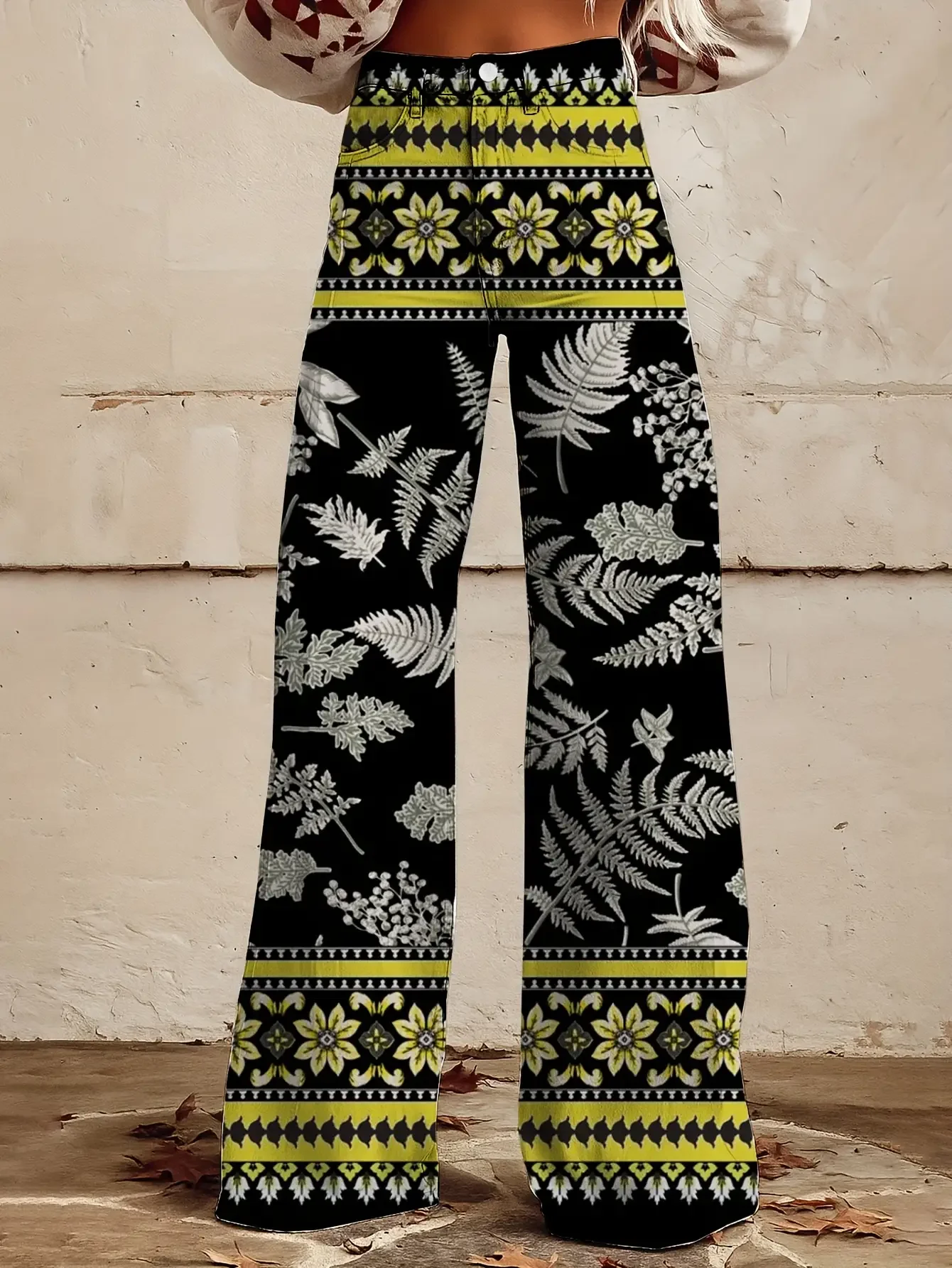  Fashionable and casual 3D printed loose high waisted flared pants imitating denim fabric