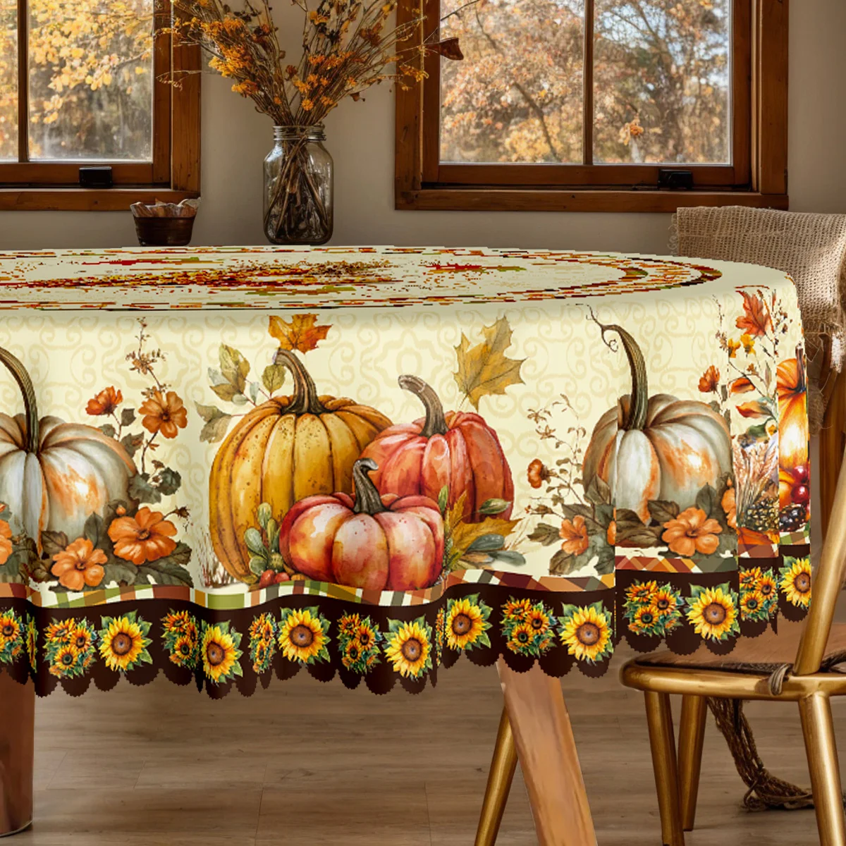 1 piece, autumn Thanksgiving-themed party tablecloth, with maple leaves, pumpkins, corn, sunflowers and flowerszyc