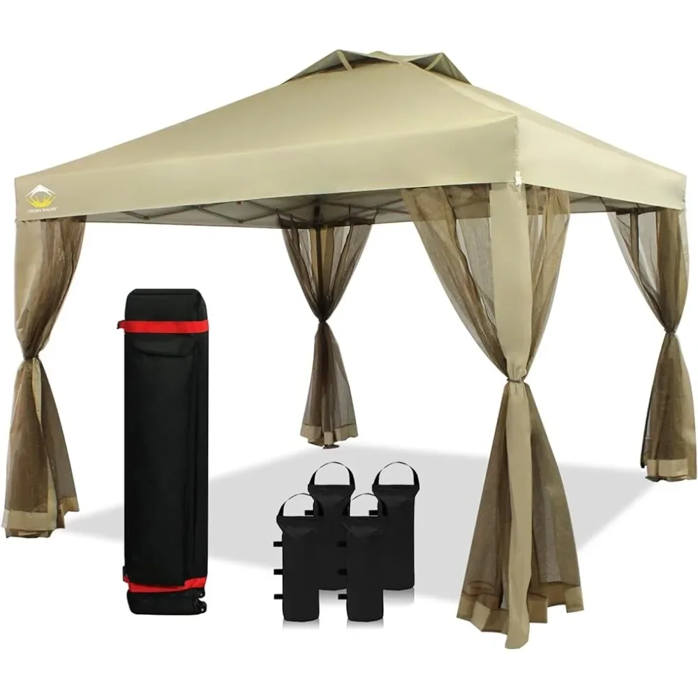 

Full Folding Awnings 10x10 Pop Up Canopy Including 4 Removable Nettings Camping Beige Tent Pergola Wheeled Storage Bag 8 Stakes