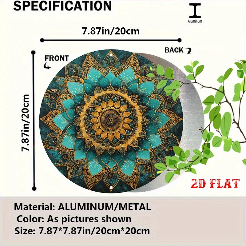 2D Flat - A Single Piece of Classic Tin Art in 2D, Showcasing a Detailed Mandala Adorned with Teal And Golden Floral Designs,
