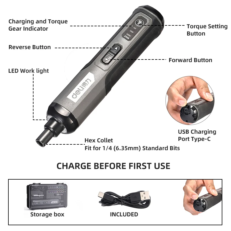 Deli Electric Screwdriver 3-Speed Large Torque Cordless 2000mAh Battery Drill 4V Power Tools Set Household Maintenance Repai