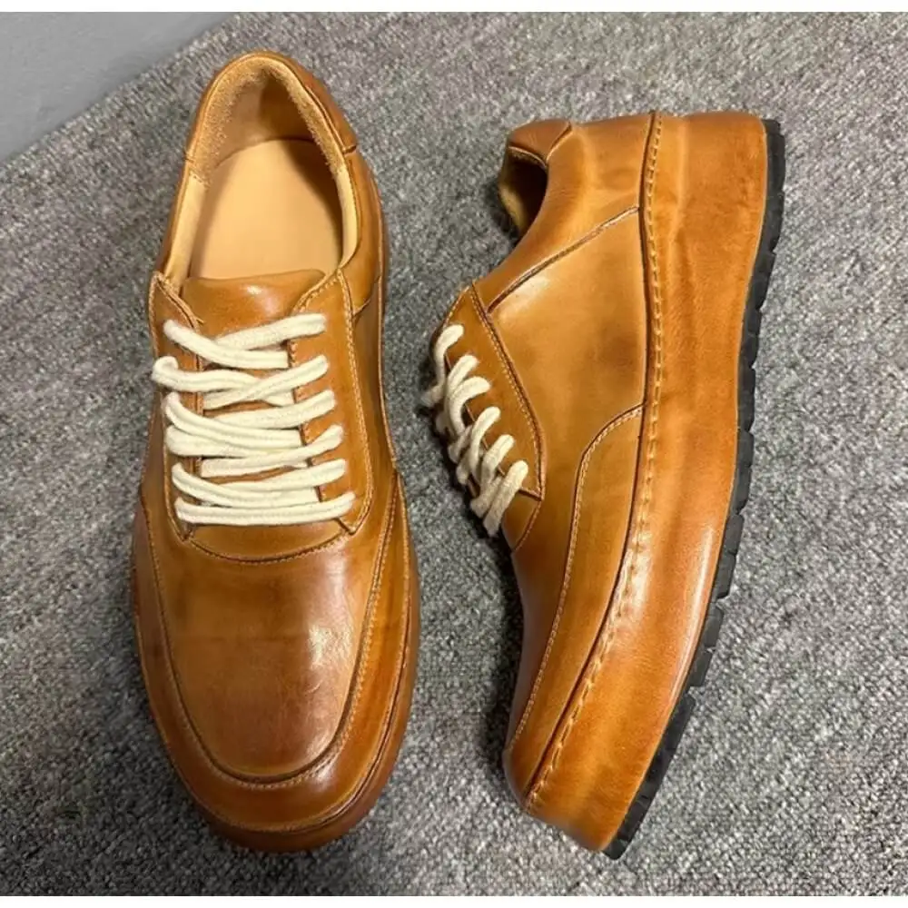Handcrafted Tan Leather Platform Sneaker – Premium Comfort, Classic Style for Gentlemen