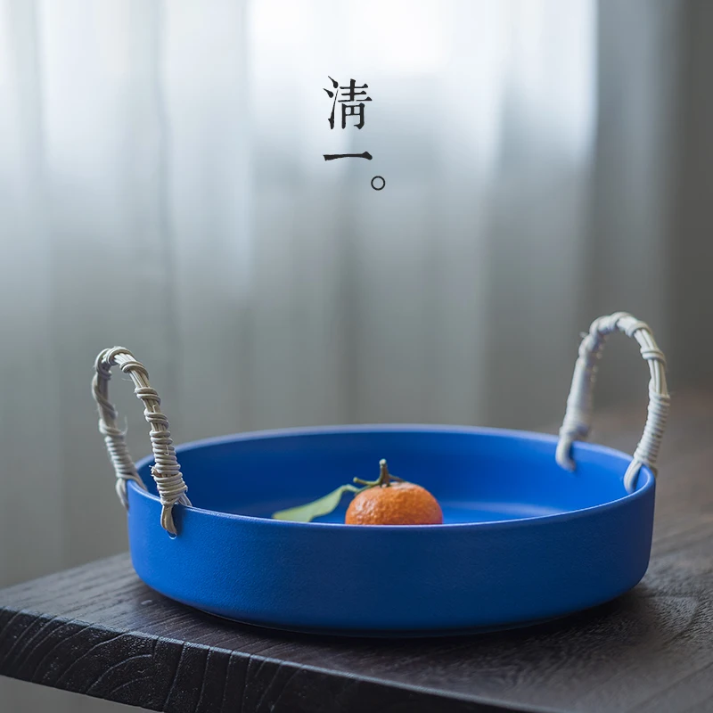 

YyhcQingyi Shu Klein Blue Simple Pastoral Basket Storage Bread Snack Basket Exquisite Ceramic Japanese Fruit Plate